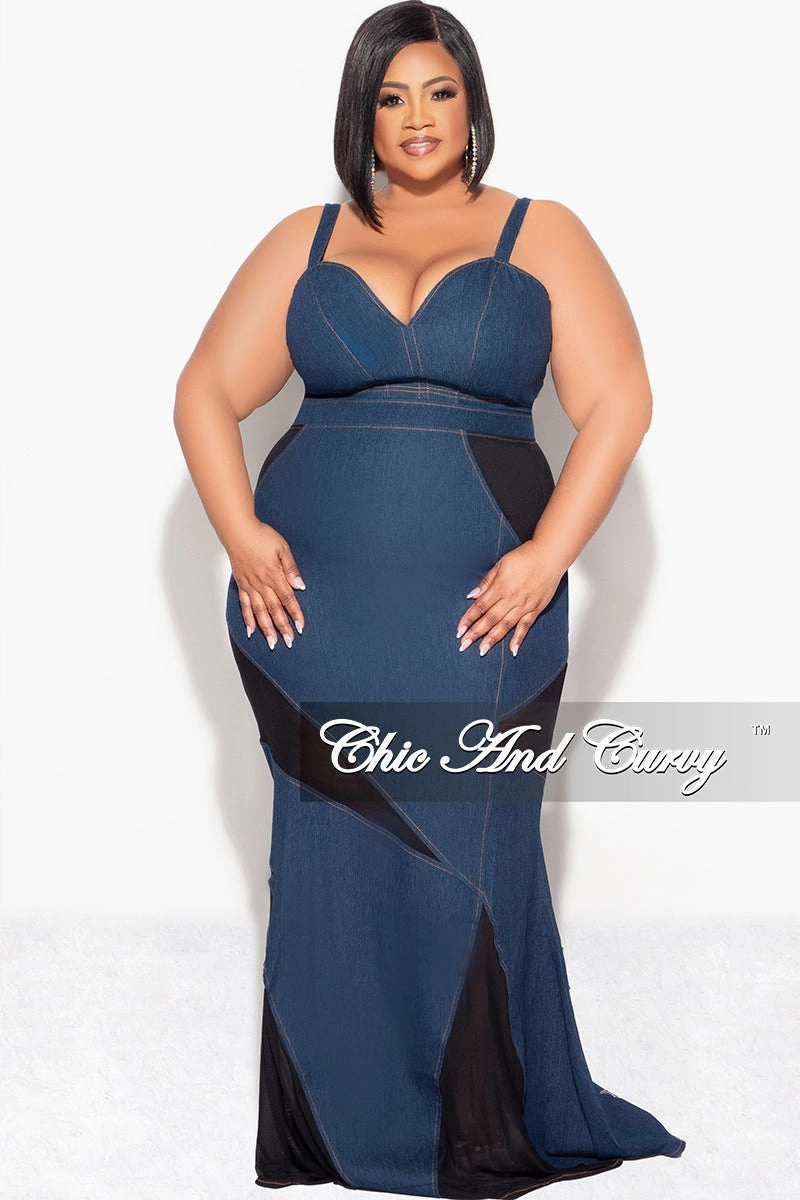 MultiPocket Final Sale Plus Size 2pc Spaghetti Strap Crop Top and Sheer Maxi Skirt Set in Denim and Black