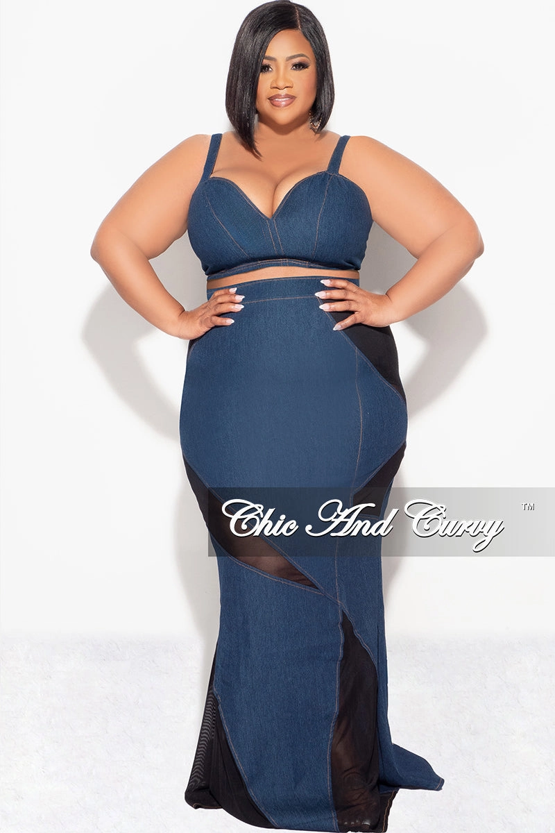 Final Sale Plus Size 2pc Spaghetti Strap Crop Top and Sheer Maxi Skirt Set in Denim and Black Timeless Comfort Fit