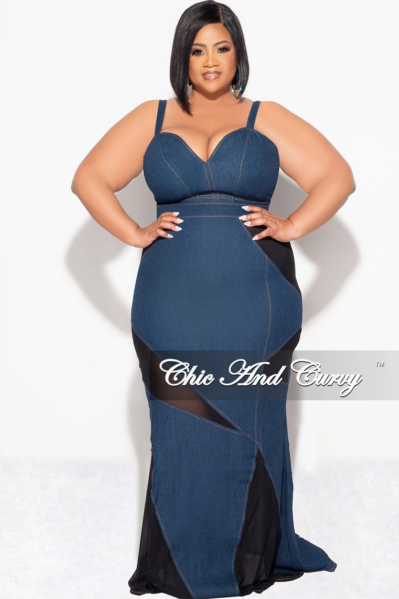 SeamlessConstruction Final Sale Plus Size 2pc Spaghetti Strap Crop Top and Sheer Maxi Skirt Set in Denim and Black