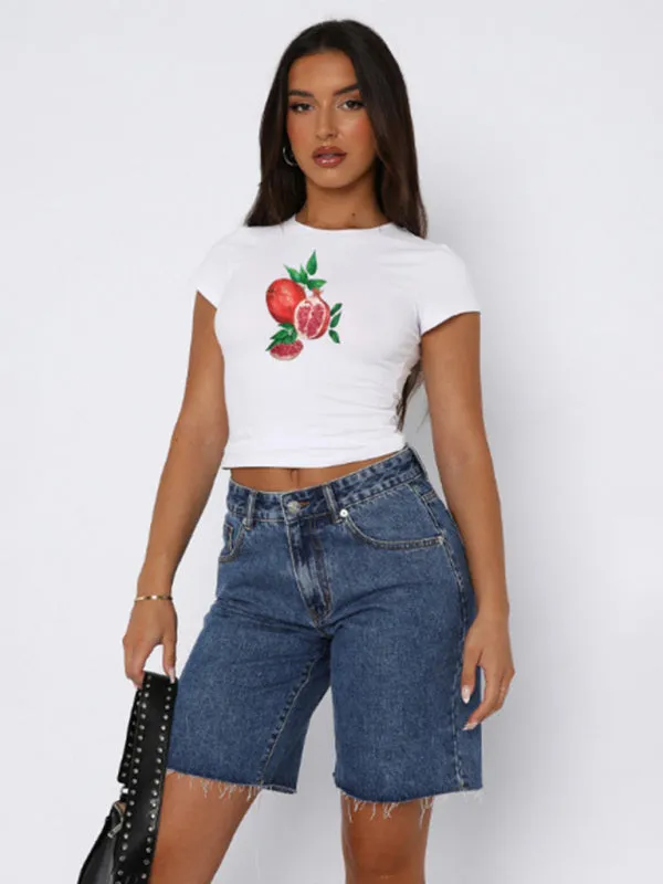 Stacy New Round Neck Printed Street Fashion Slim Fit Short Navel Exposed Versatile T-Shirt