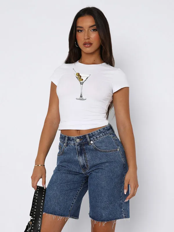 Stacy New Round Neck Printed Street Fashion Slim Fit Short Navel Exposed Versatile T-Shirt