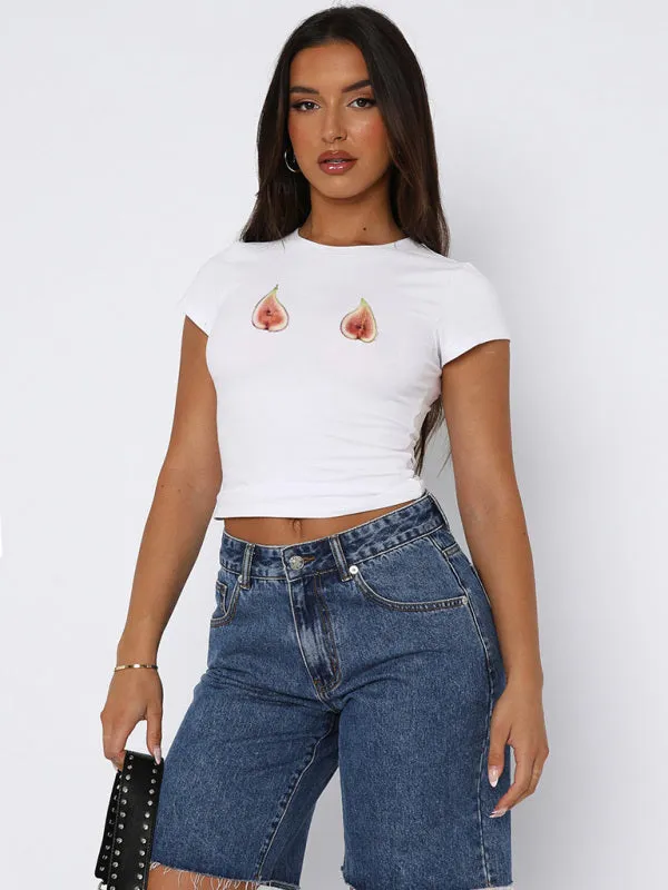 Stacy New Round Neck Printed Street Fashion Slim Fit Short Navel Exposed Versatile T-Shirt