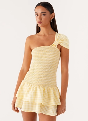 Shimmer-Finish All weather Brandy Mini Dress - Yellow Gingham