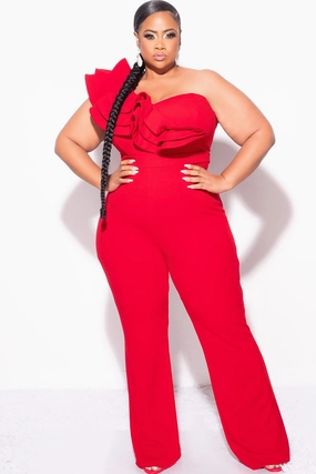 Final Sale Plus Size One Shoulder Ruffle Trim Jumpsuit in Dark Red Multi Directional Zipper Placement