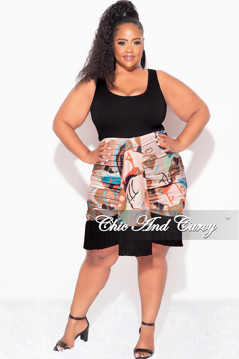 Final Sale Plus Size Ruched Skirt with Fringe Bottom in Black Multi Color Print Freedom Fit Smooth zipper closure