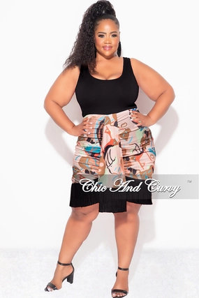 Final Sale Plus Size Ruched Skirt with Fringe Bottom in Black Multi Color Print Freedom Fit Smooth zipper closure