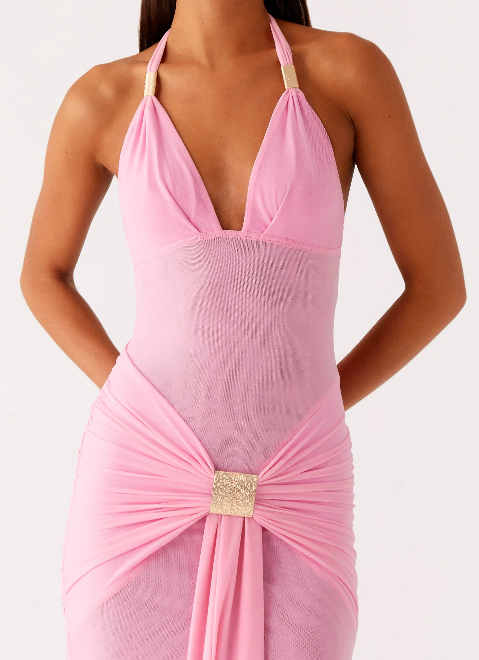 Polite Color Miyah Halter Hardware Maxi Dress - Baby Pink