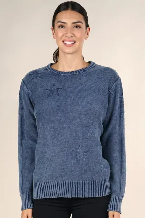Star Acid Wash Crew Neck Pullover Sweater