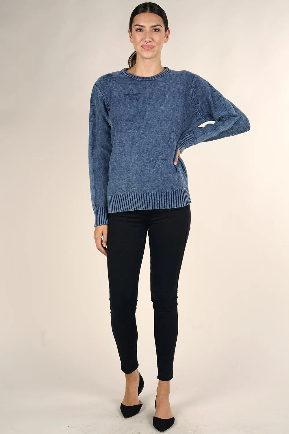 Star Acid Wash Crew Neck Pullover Sweater