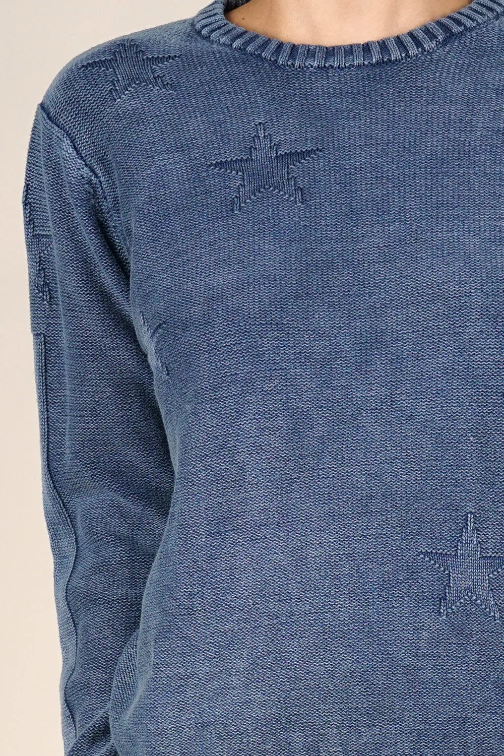 Star Acid Wash Crew Neck Pullover Sweater
