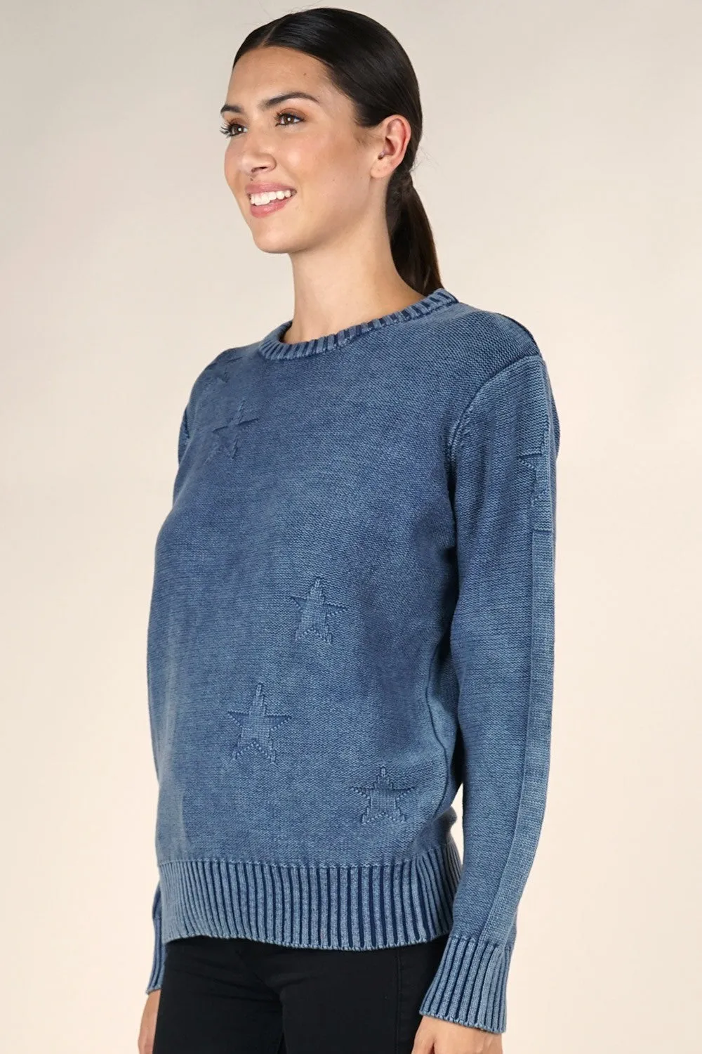 Star Acid Wash Crew Neck Pullover Sweater
