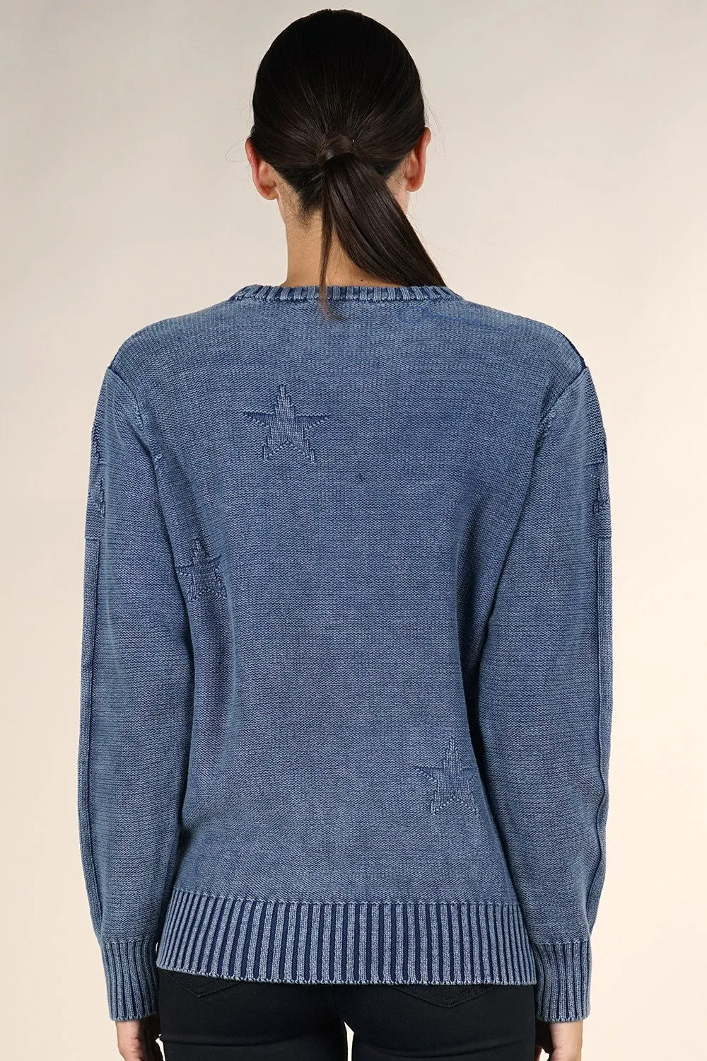 Star Acid Wash Crew Neck Pullover Sweater