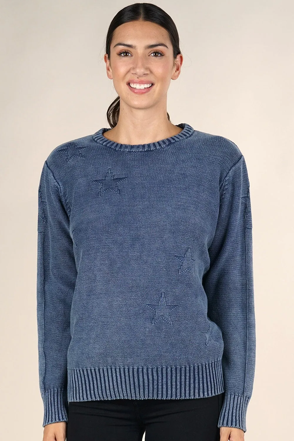 Star Acid Wash Crew Neck Pullover Sweater
