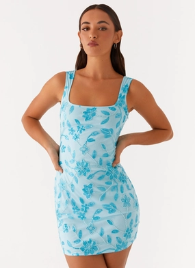 Starlina Square Neck Beaded Mini Dress - Blue slim fit