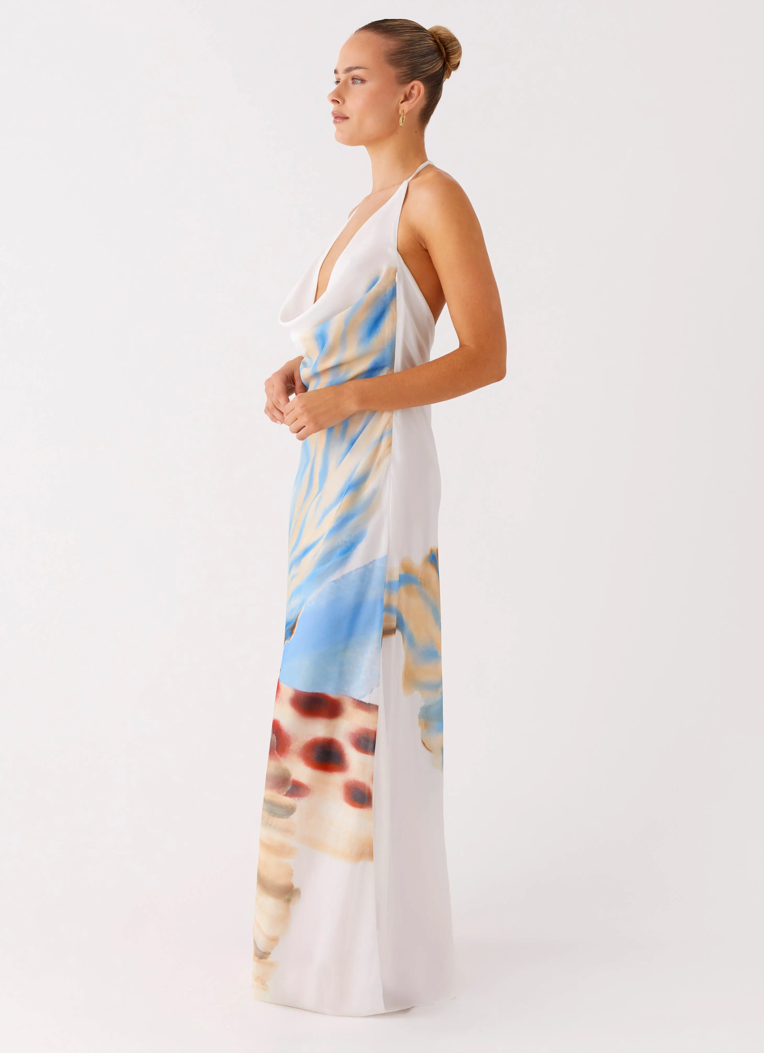 Stars Align Cowl Maxi Dress - White Sea Bloom Flattering Design