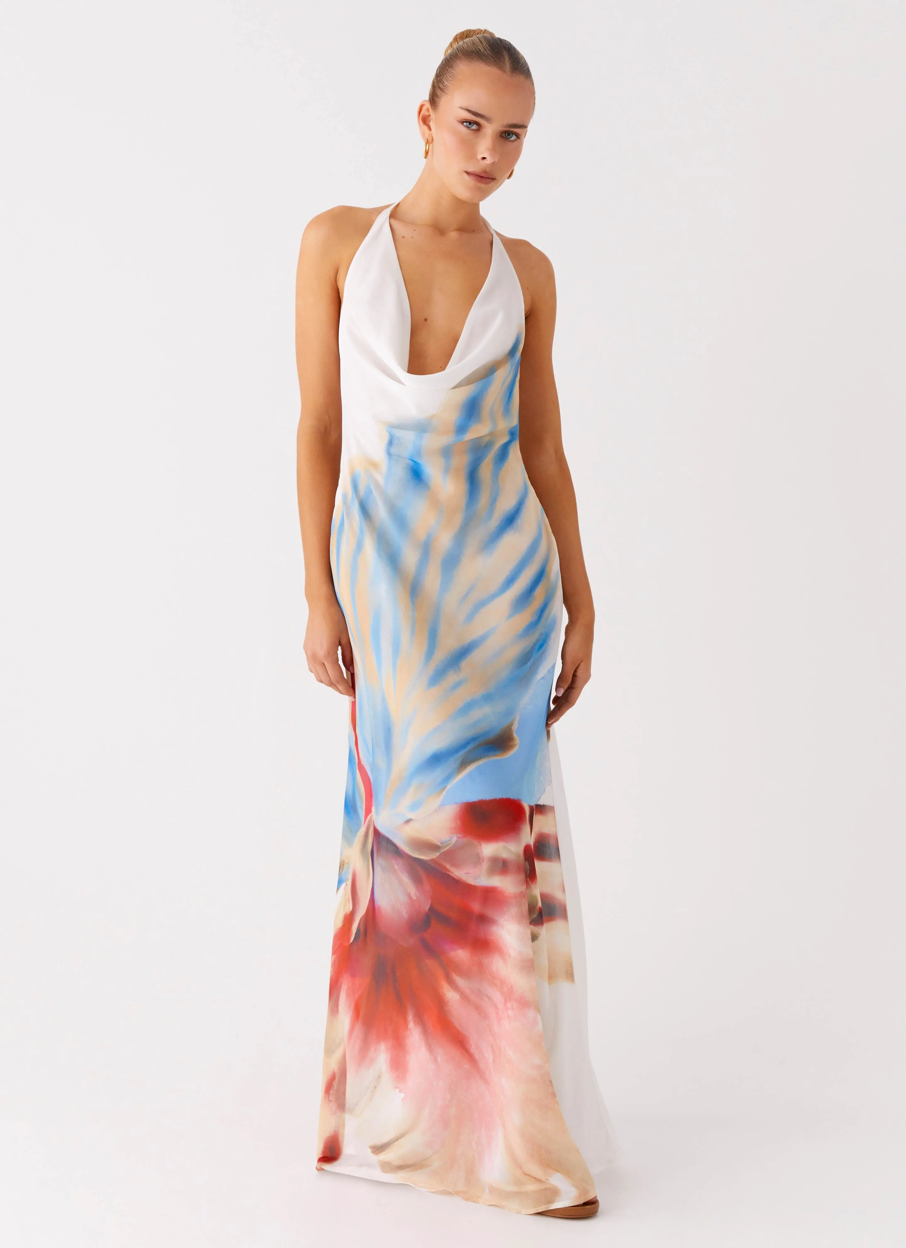 Timeless Cut Baby-Shower Stars Align Cowl Maxi Dress - White Sea Bloom