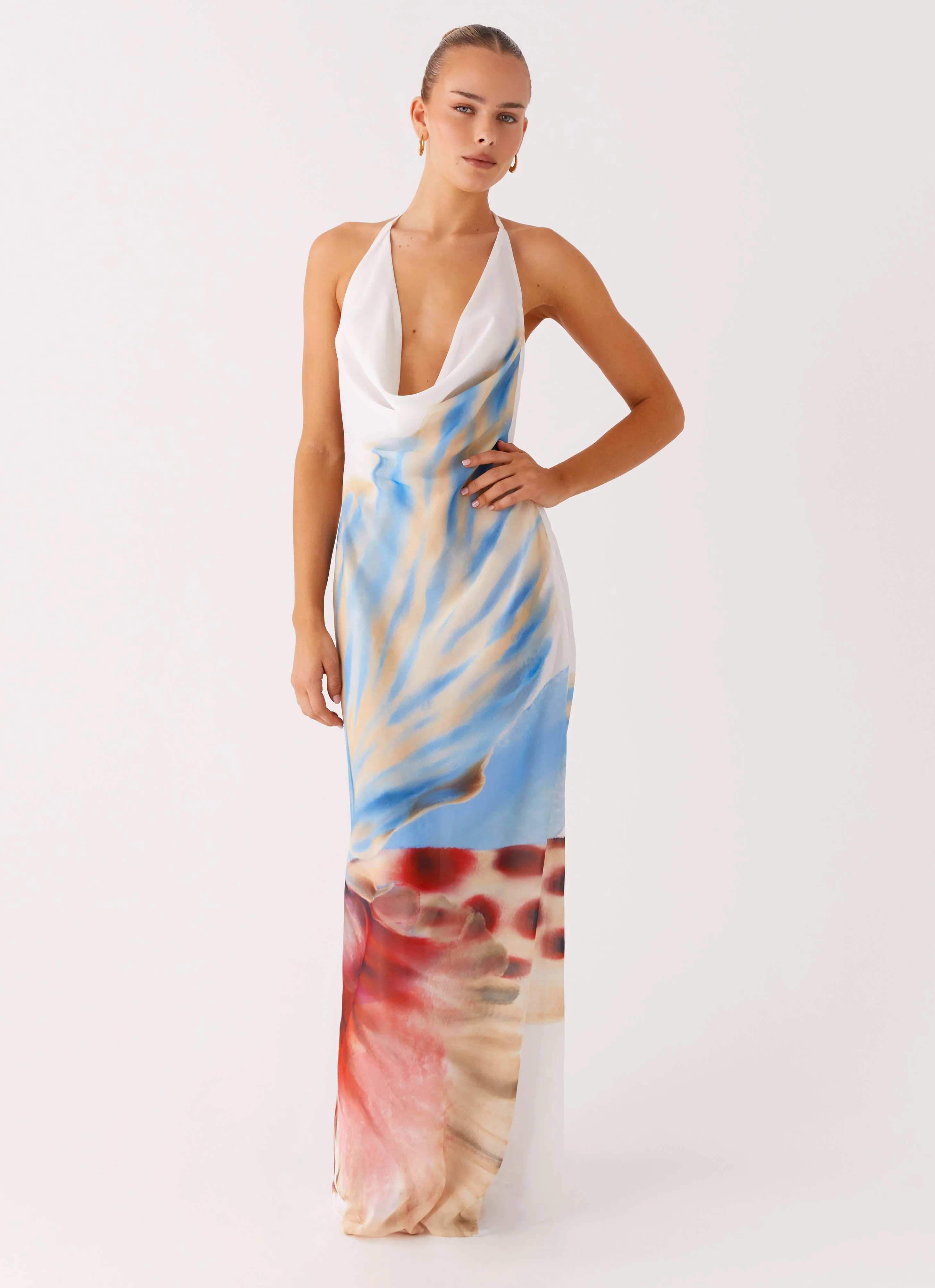 Romantic Style Youthful Look Stars Align Cowl Maxi Dress - White Sea Bloom