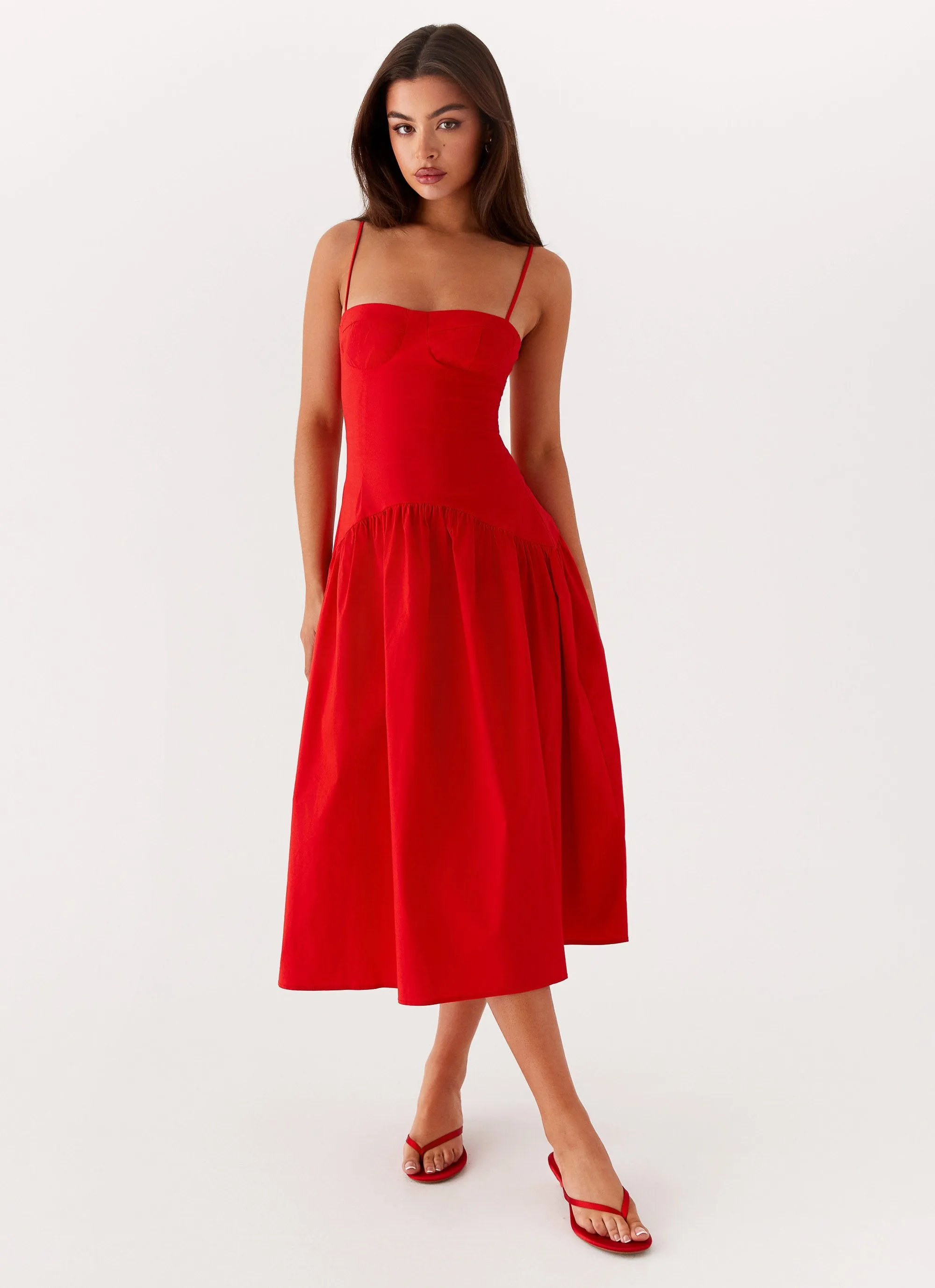 Floral Swing Smooth Lines Yvette Corset Midi Dress - Red