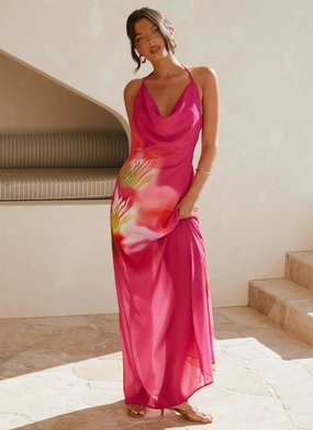 Fantasy Maxi Dress - Pink Tropical Sunset Hour Versatile Layer Wear