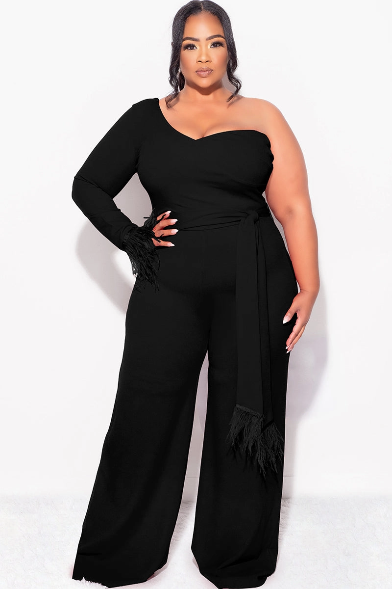 Final Sale Plus Size One Shoulder Long Sleeve Feather Cuff Jumpsuit with Tie in Black Fitted Shirt AllDaySoftness