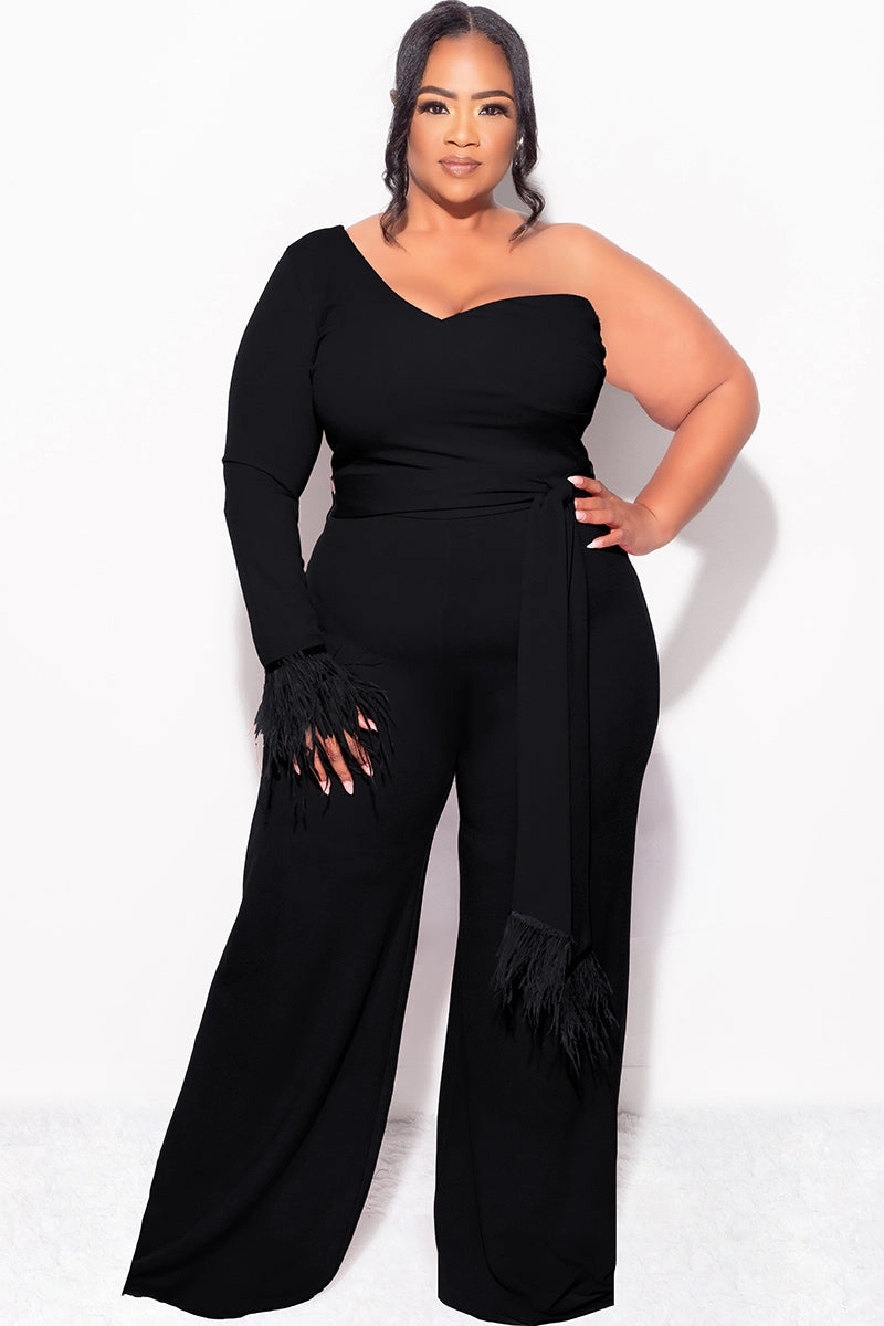 Garment Washed Finish Tapered Cut Final Sale Plus Size One Shoulder Long Sleeve Feather Cuff Jumpsuit with Tie in Black