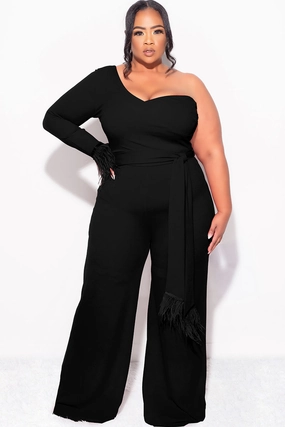 Final Sale Plus Size One Shoulder Long Sleeve Feather Cuff Jumpsuit with Tie in Black DualLayer Weave All-Purpose Wear