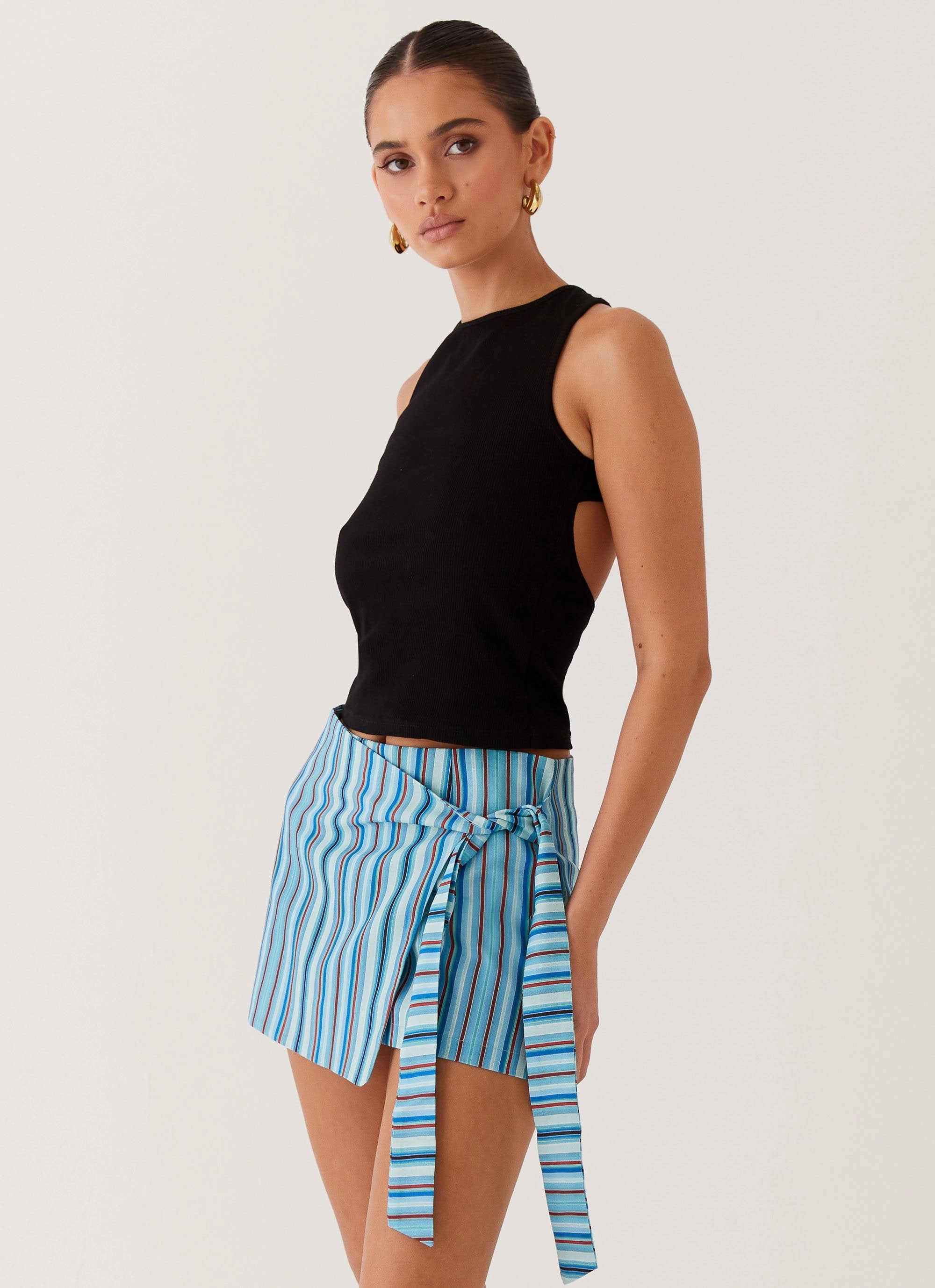 Steal Away Linen Wrap Skirt - Blue Stripe Flexible Performance