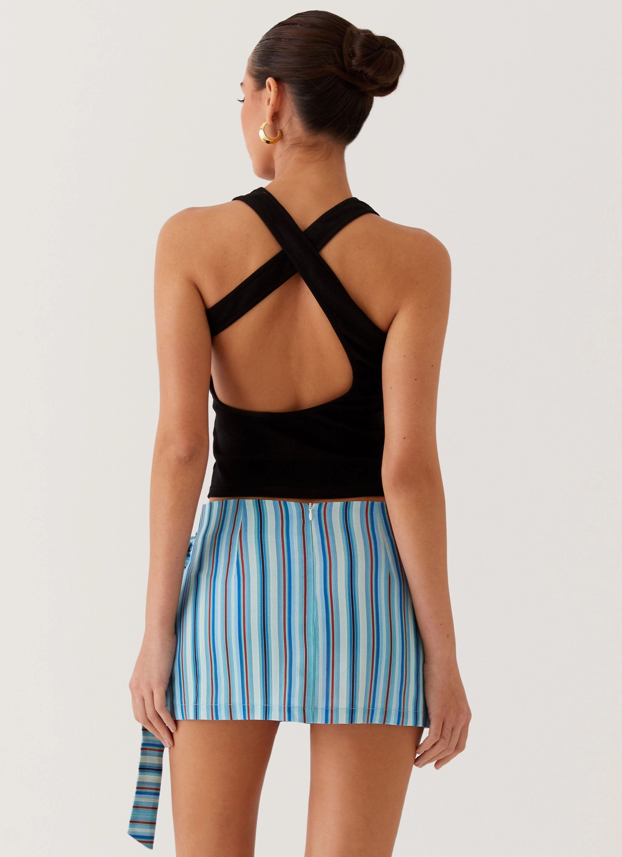 Steal Away Linen Wrap Skirt - Blue Stripe No Gap Waist