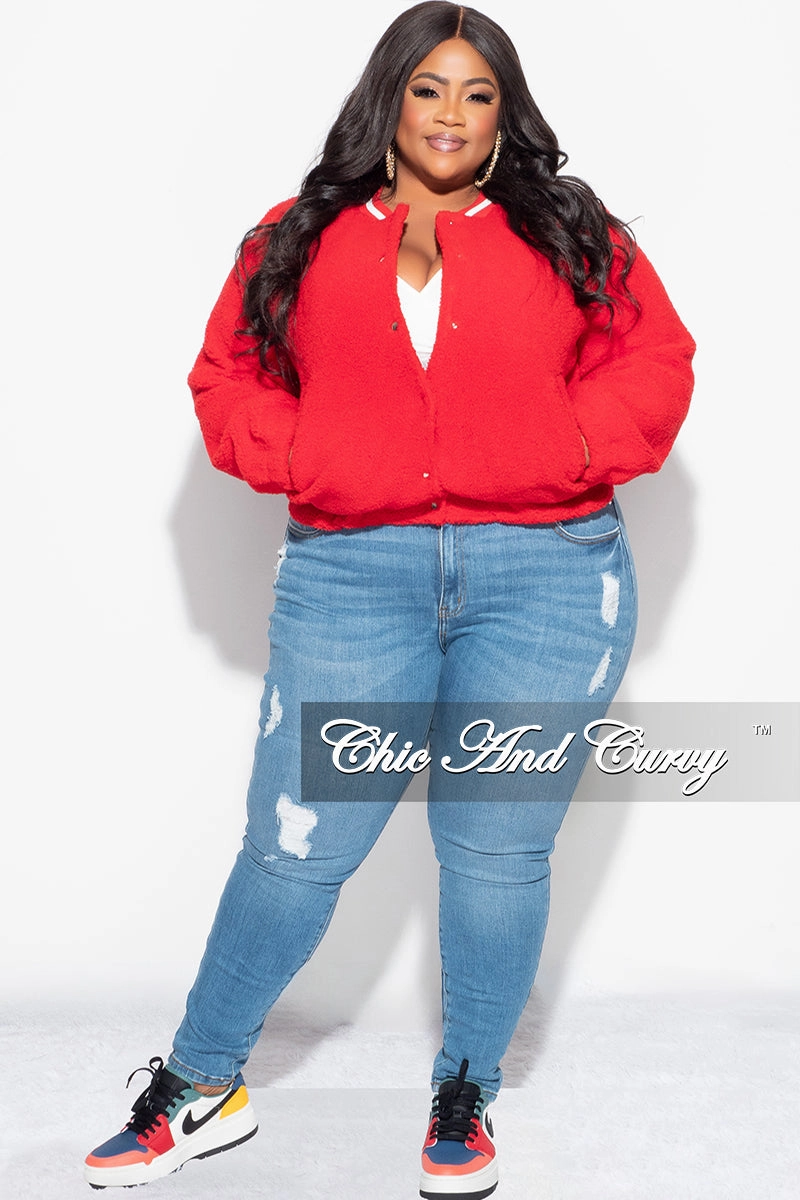 Eco Friendly Dye Secure Waistband Final Sale Plus Size Teddy Bear Varsity Jacket in Red