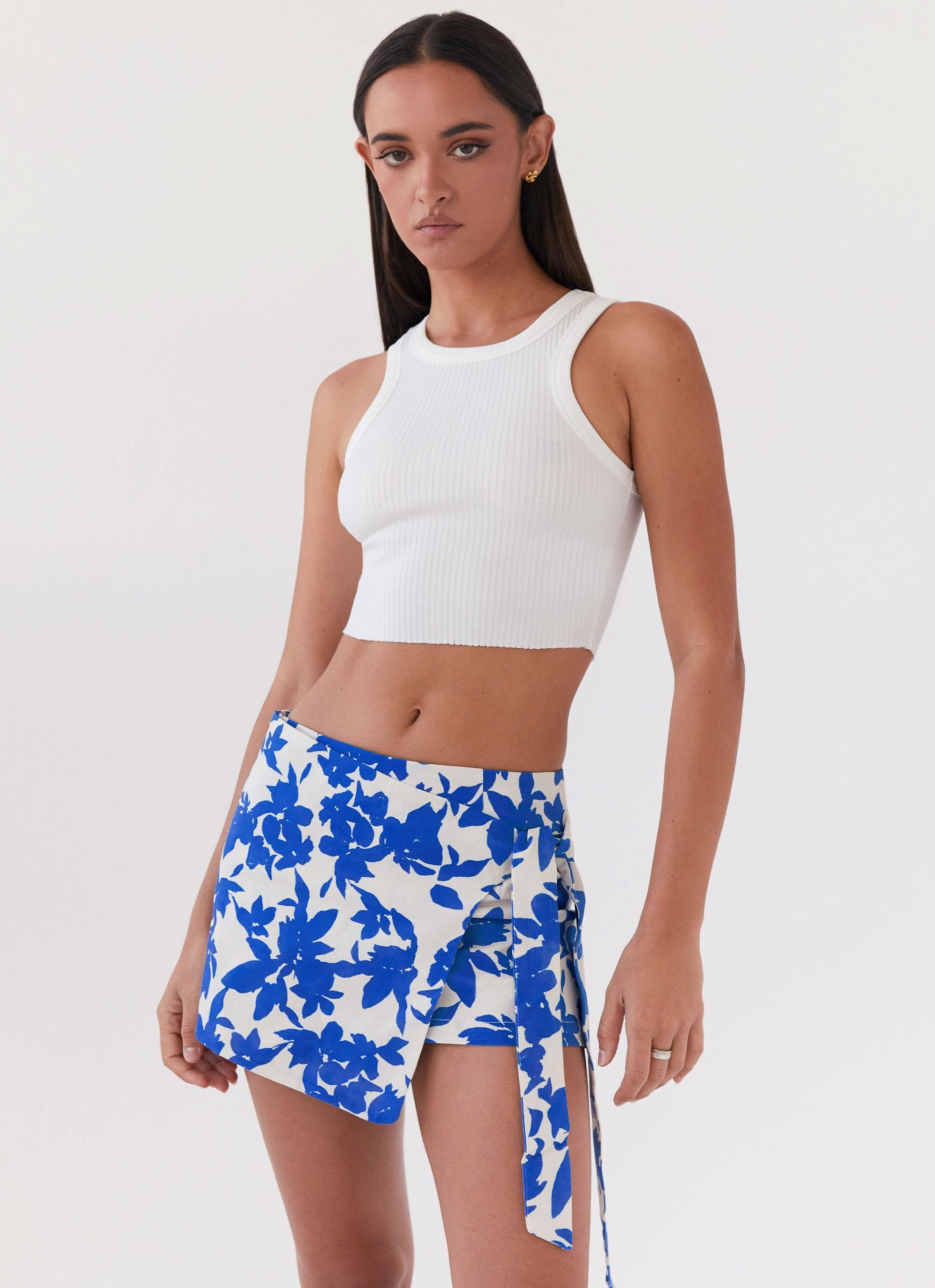 Steal Away Linen Wrap Skirt - Blue Floral Trendy Cut Relaxed Fit
