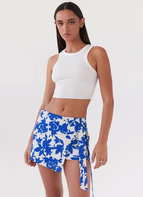 Steal Away Linen Wrap Skirt - Blue Floral Trendy Cut Relaxed Fit