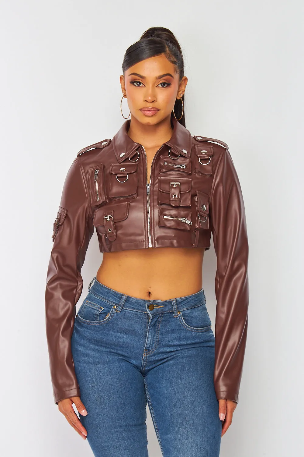 Stella PU Faux Leather Cargo Pocket Crop Jacket