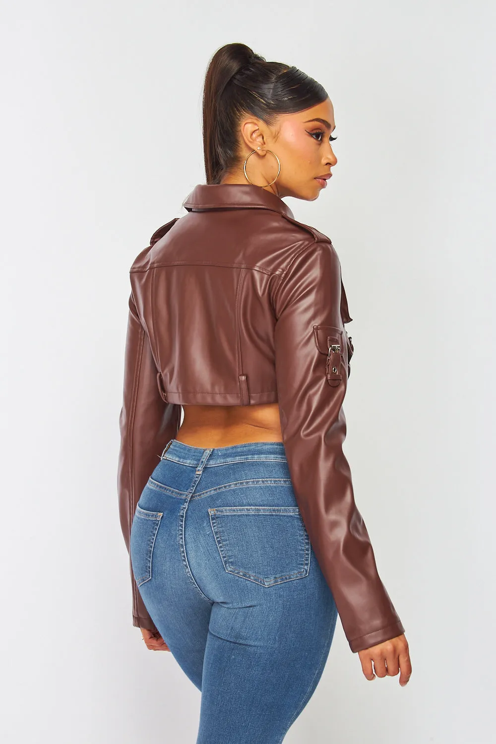 Stella PU Faux Leather Cargo Pocket Crop Jacket