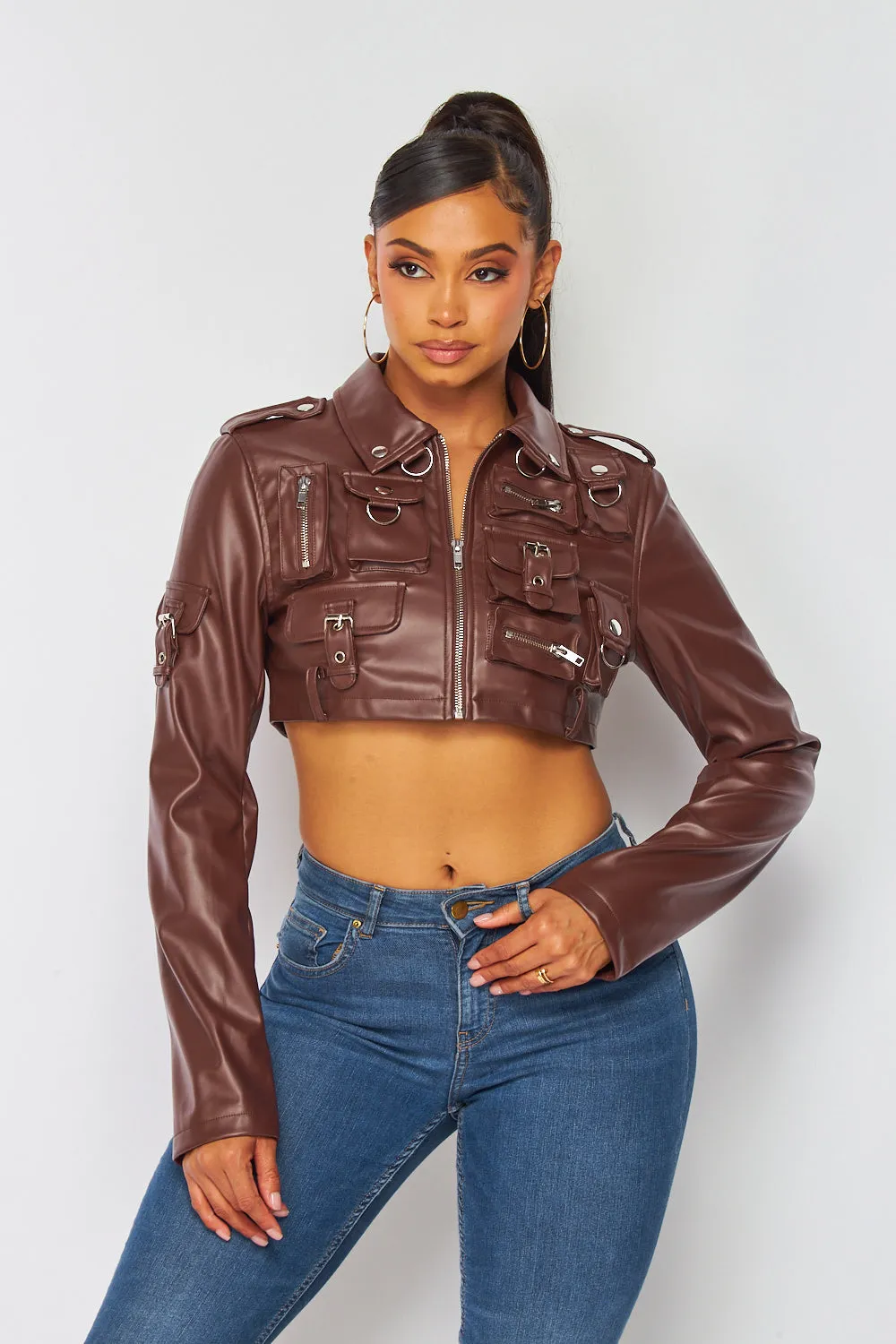 Stella PU Faux Leather Cargo Pocket Crop Jacket