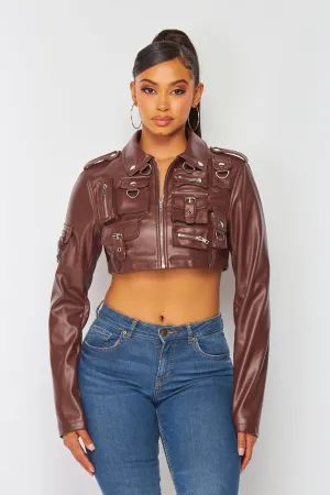 Stella PU Faux Leather Cargo Pocket Crop Jacket