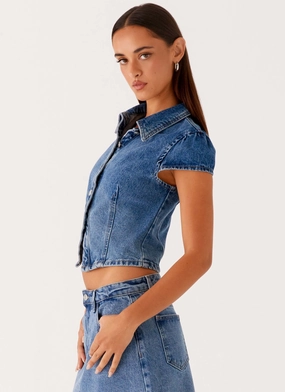 Stella Button Up Top - Blue Ribbed Hem Tension Balanced Design