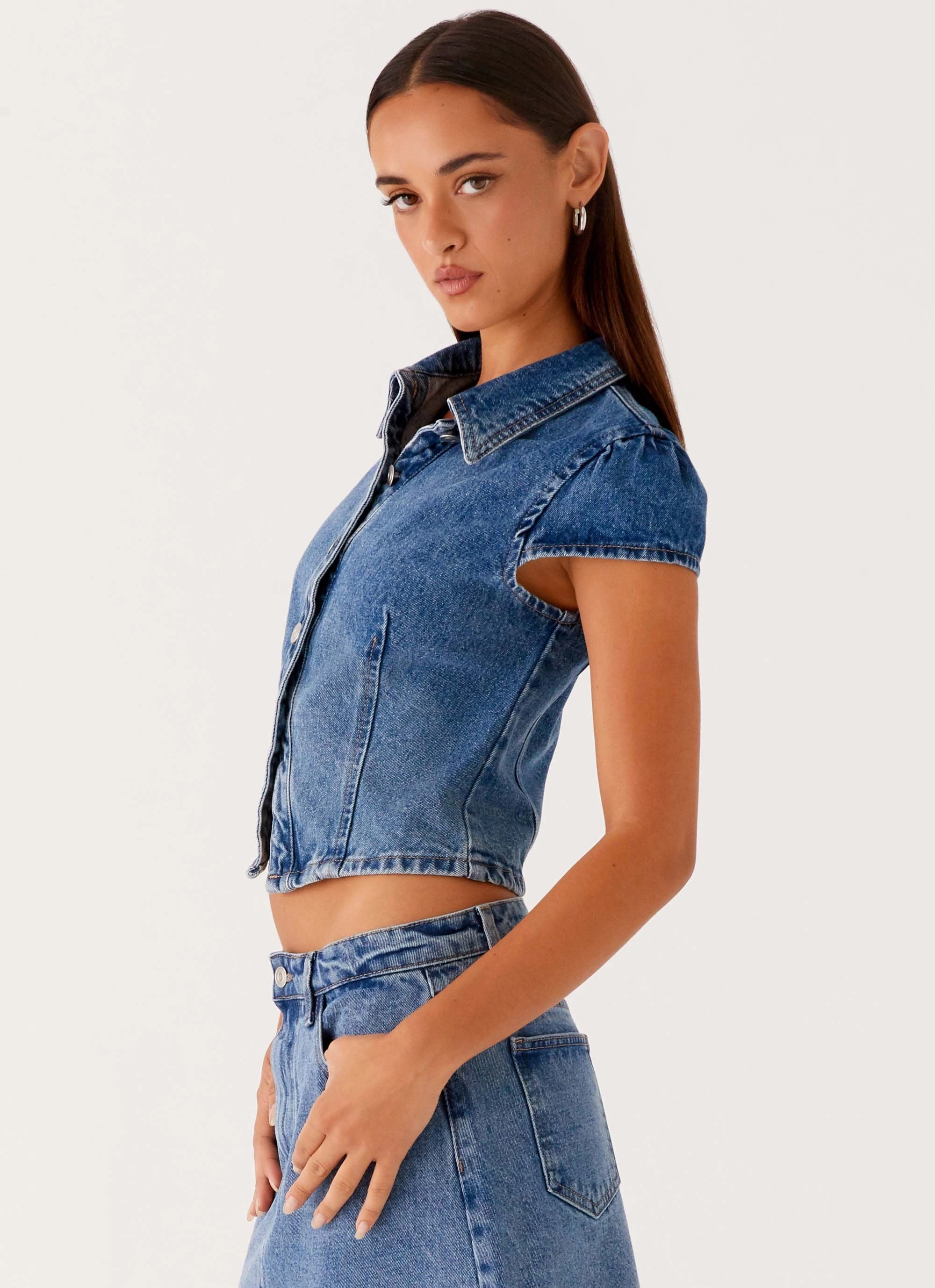 Stella Button Up Top - Blue Ribbed Hem Tension Balanced Design