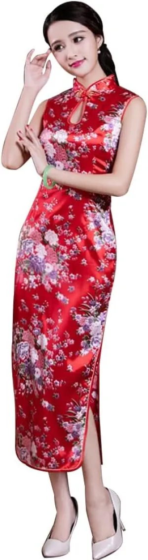 STIOEDYUAN Women Cheongsam Dress Sleeveless Slim Fit Peacock Flower Side Slit Long Dress Qipao Bodycon Costume Embroidery