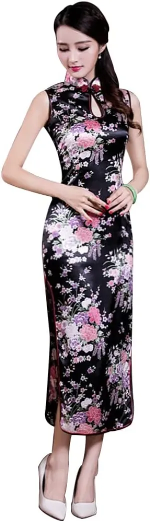 STIOEDYUAN Women Cheongsam Dress Sleeveless Slim Fit Peacock Flower Side Slit Long Dress Qipao Bodycon Costume Embroidery