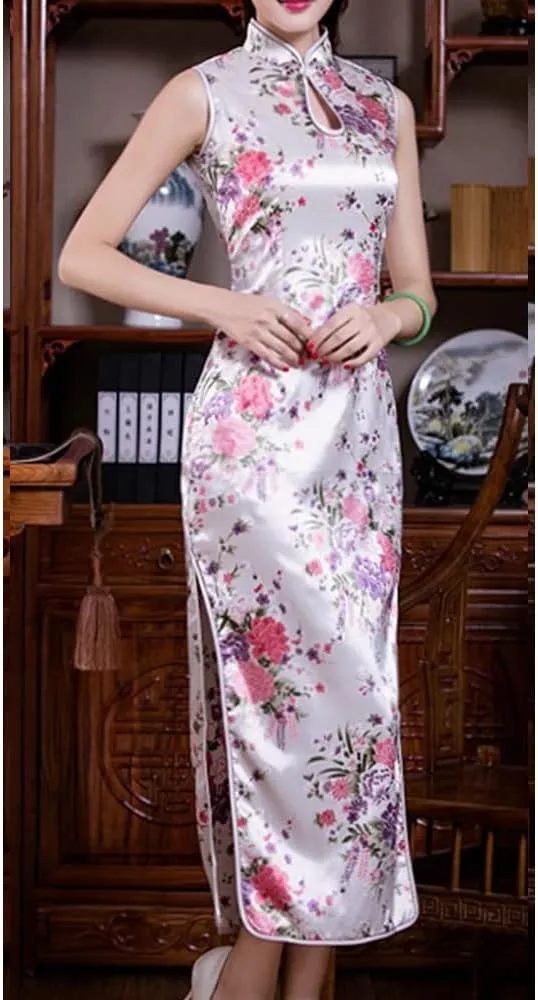 STIOEDYUAN Women Cheongsam Dress Sleeveless Slim Fit Peacock Flower Side Slit Long Dress Qipao Bodycon Costume Embroidery