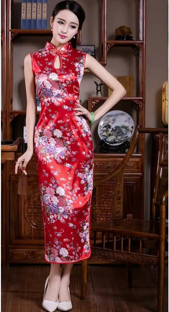 STIOEDYUAN Women Cheongsam Dress Sleeveless Slim Fit Peacock Flower Side Slit Long Dress Qipao Bodycon Costume Embroidery