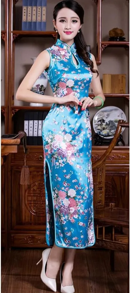 STIOEDYUAN Women Cheongsam Dress Sleeveless Slim Fit Peacock Flower Side Slit Long Dress Qipao Bodycon Costume Embroidery