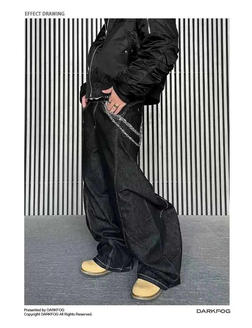 Stitched Line Wide Loose Fit Jeans