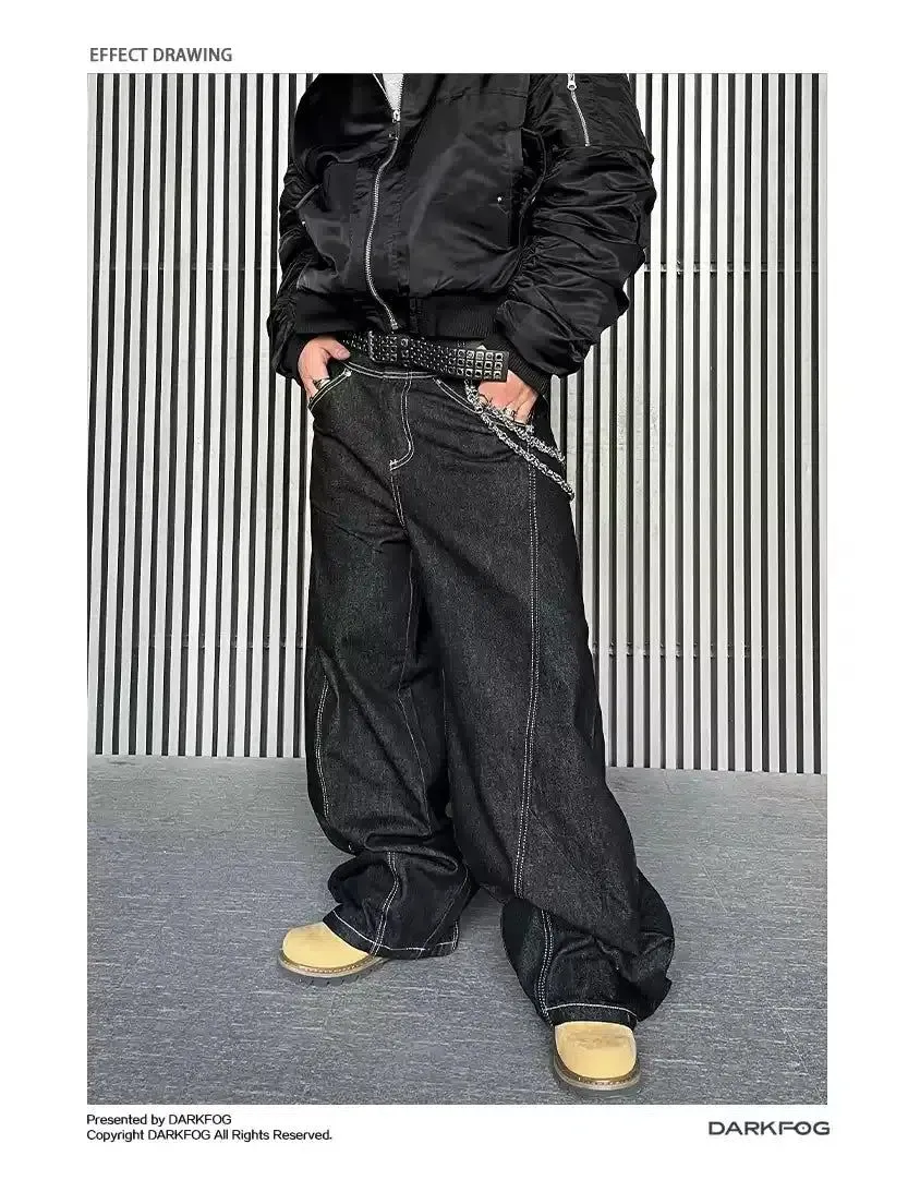 Stitched Line Wide Loose Fit Jeans