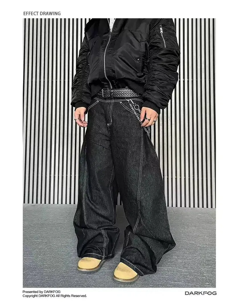 Stitched Line Wide Loose Fit Jeans