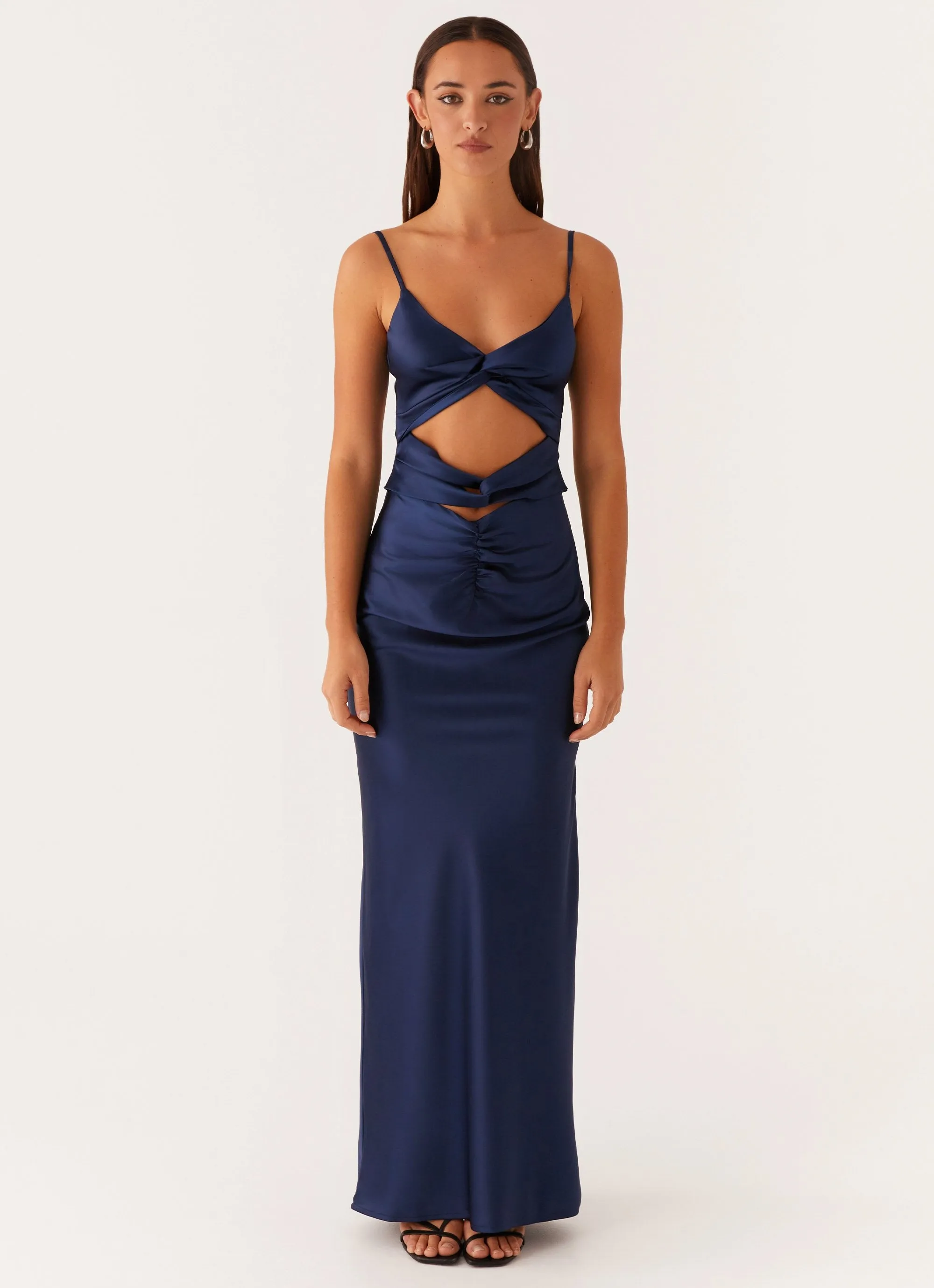 Stormie Satin Maxi Dress - Navy Fall Inspired Perfectly Styled