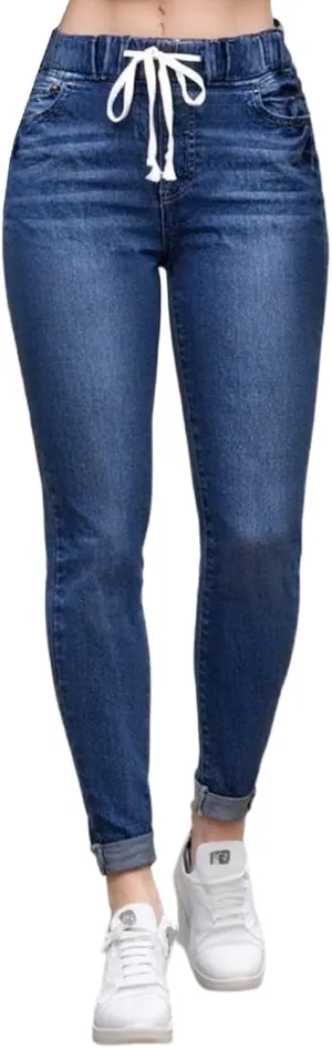 Straight Leg Jeans for Women Drawstring Elastic Waist Pull On Jeans Stretchy Boyfriend Baggy Cropped Denim Joggers