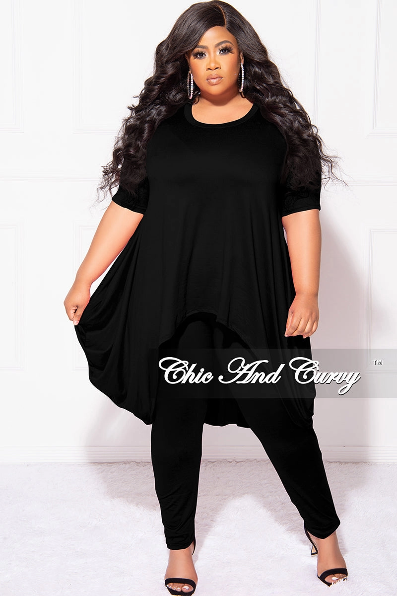 Final Sale Plus Size 2pc Short Sleeve High Low Top And Leggings Set In Black Loose cut Comfort Layer Wear