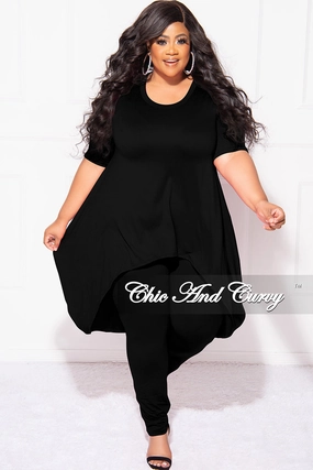 Final Sale Plus Size 2pc Short Sleeve High Low Top And Leggings Set In Black Sleek Design