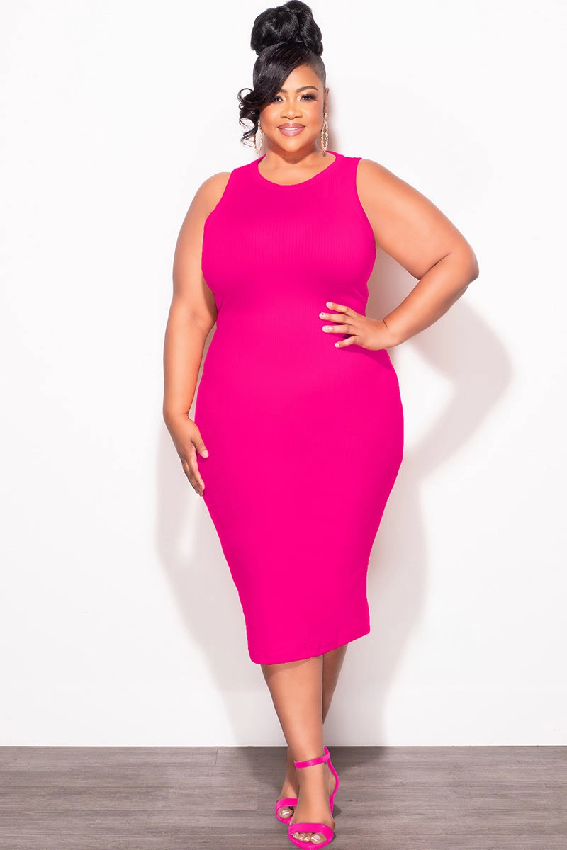 Layered Panel Design Non Restrictive Cut Final Sale Plus Sleeveless Ribbed Midi BodyCon Dress in Pink